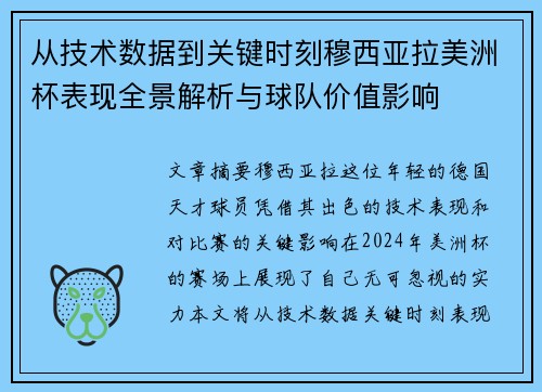从技术数据到关键时刻穆西亚拉美洲杯表现全景解析与球队价值影响